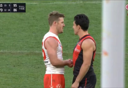 Luke Parker buries the hatchet with Dylan Shiel after Bombers' stirring win