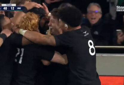 WATCH: Great scenes as NZ squad flood to Test debutant after scoring first try