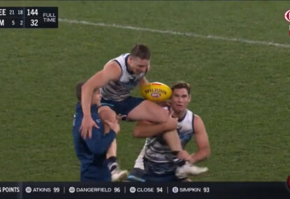 WATCH: Mitch Duncan has near-death experience as Hawkins and Selwood almost drop him!