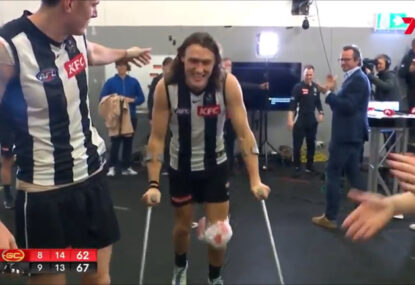 WATCH: Wholesome scenes as Pies wait for injured Darcy Moore before starting the song