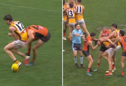 Is this young Hawk destined for a stint on the sideline after collecting Josh Kelly high?