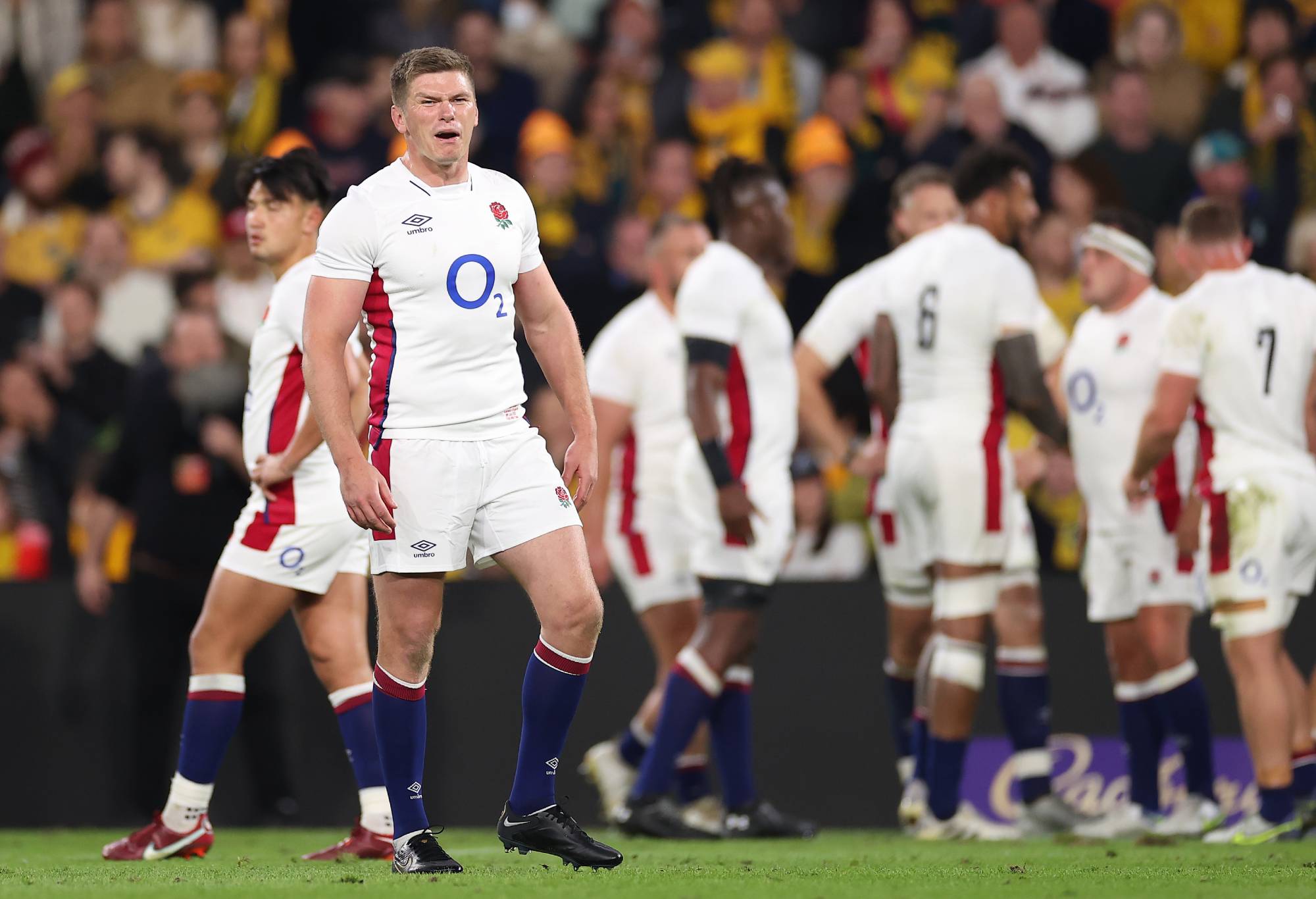 Owen Farrell of England reacts during game two of the International Test Match series between the Australia Wallabies and England at Suncorp Stadium on July 09, 2022 in Brisbane, Australia. (Photo by Cameron Spencer/Getty Images)