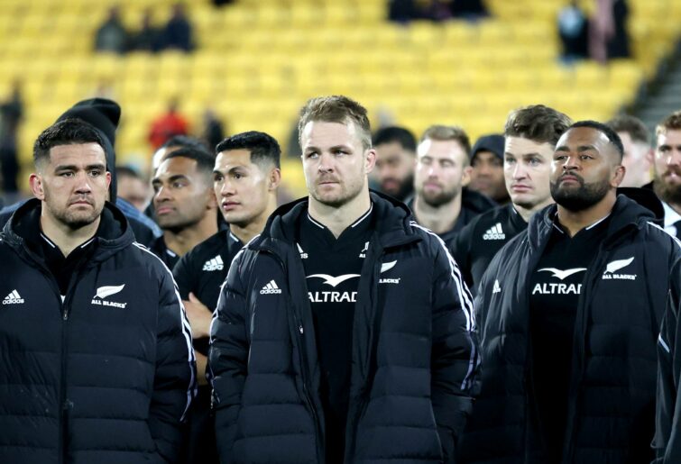 Sam Cane of the New Zealand All Blacks looks on dejected following the International Test match between the New Zealand All Blacks and Ireland at Sky Stadium on July 16, 2022 in Wellington, New Zealand. (Photo by Phil Walter/Getty Images)