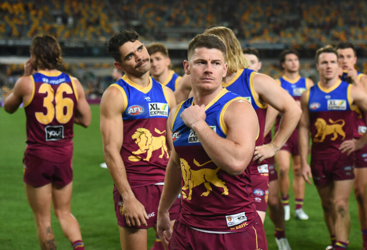 Dayne Zorko of the Lions looks dejected after his team's defeat against Melbourne.