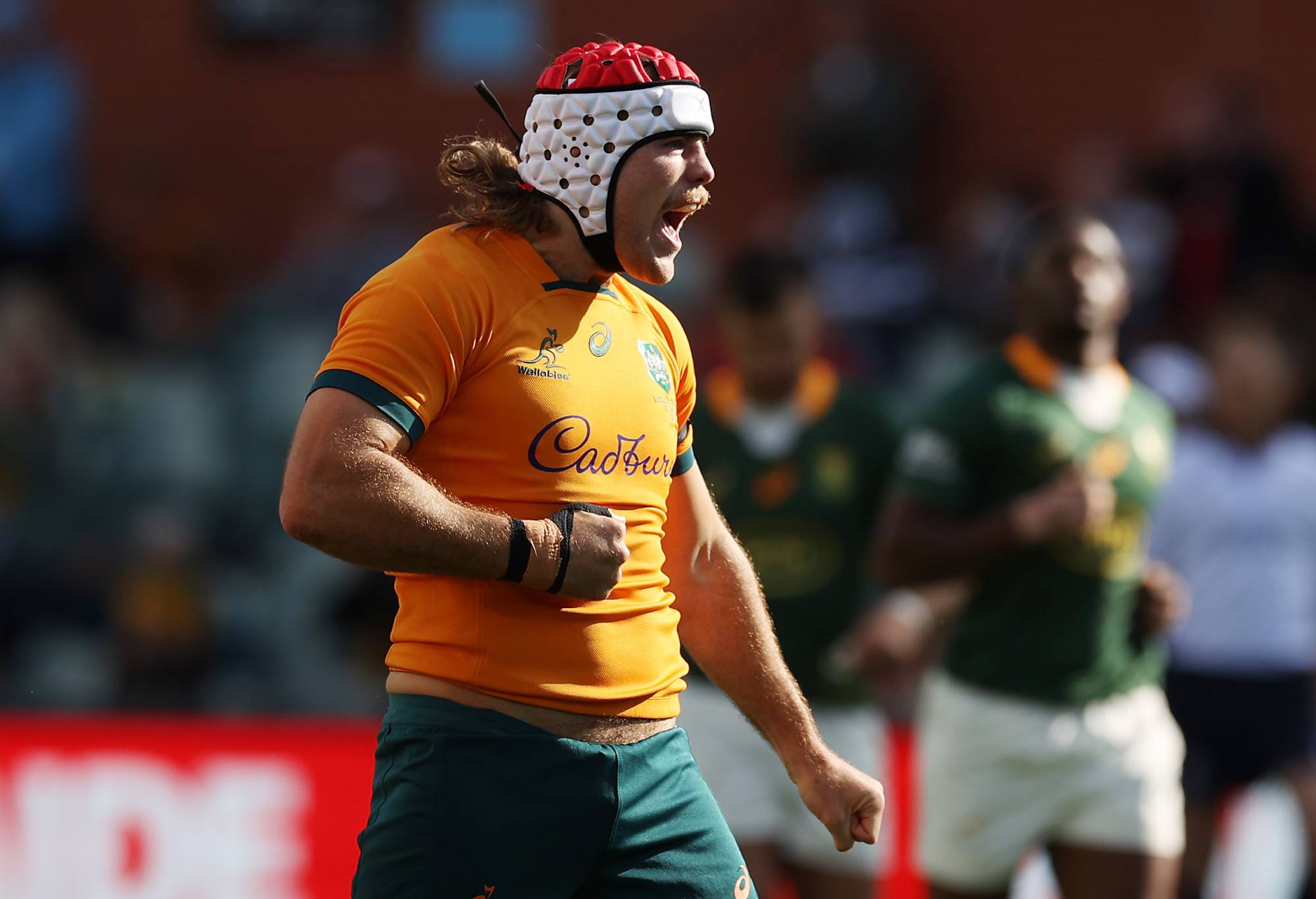 Fraser McReight of the Wallabies celebrates after scoring a try during The Rugby Championship match between the Australian Wallabies and the South African Springboks at Adelaide Oval on August 27, 2022 in Adelaide, Australia. (Photo by Mark Kolbe/Getty Images)