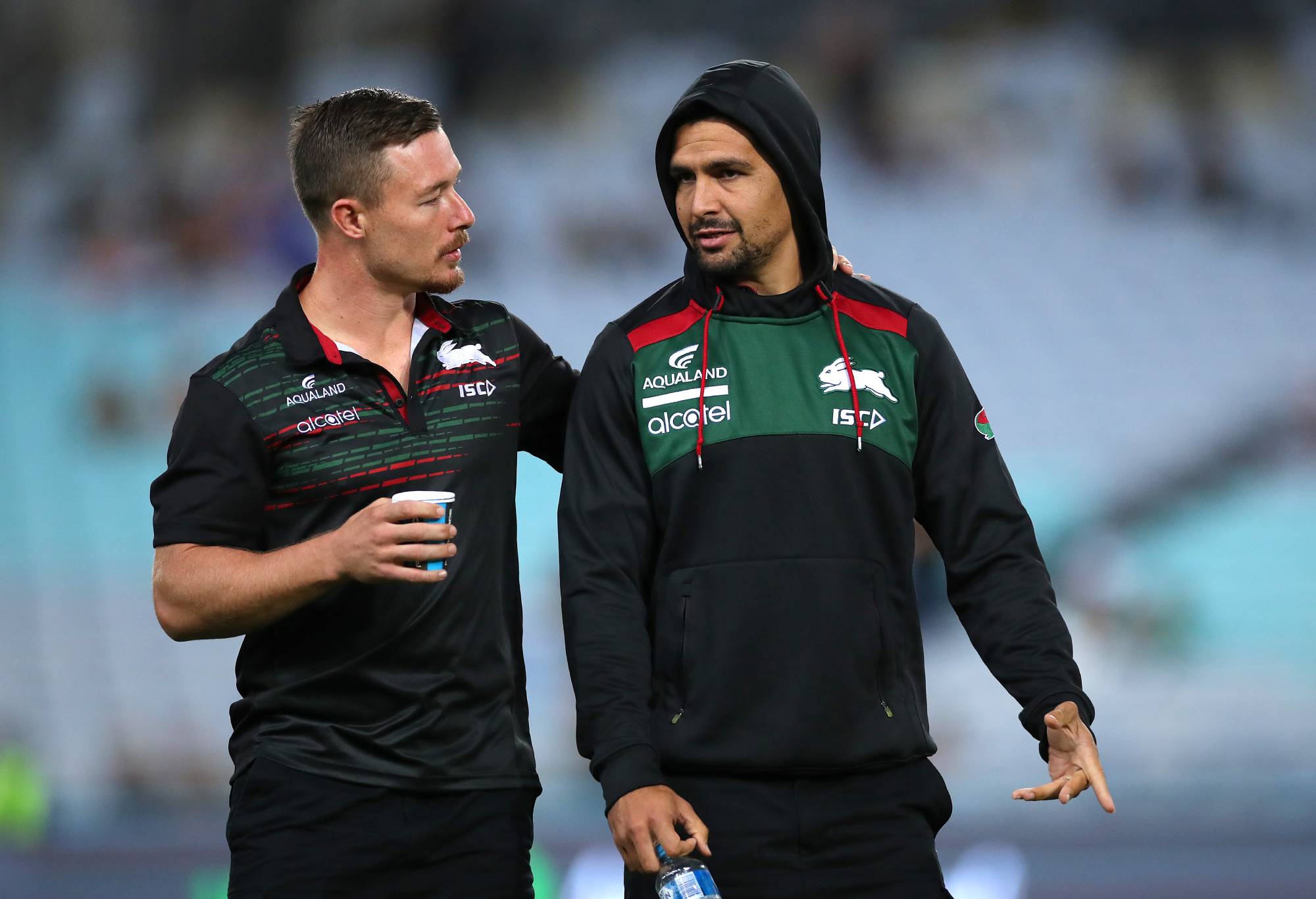 SYDNEY, AUSTRALIA - MAY 02: (L-R) Damien Cook of the Rabbitohs and Cody Walker of the Rabbitohs talk before the round eight NRL match between the South Sydney Rabbitohs and the Brisbane Broncos at ANZ Stadium on May 02, 2019 in Sydney, Australia. (Photo by Cameron Spencer/Getty Images)