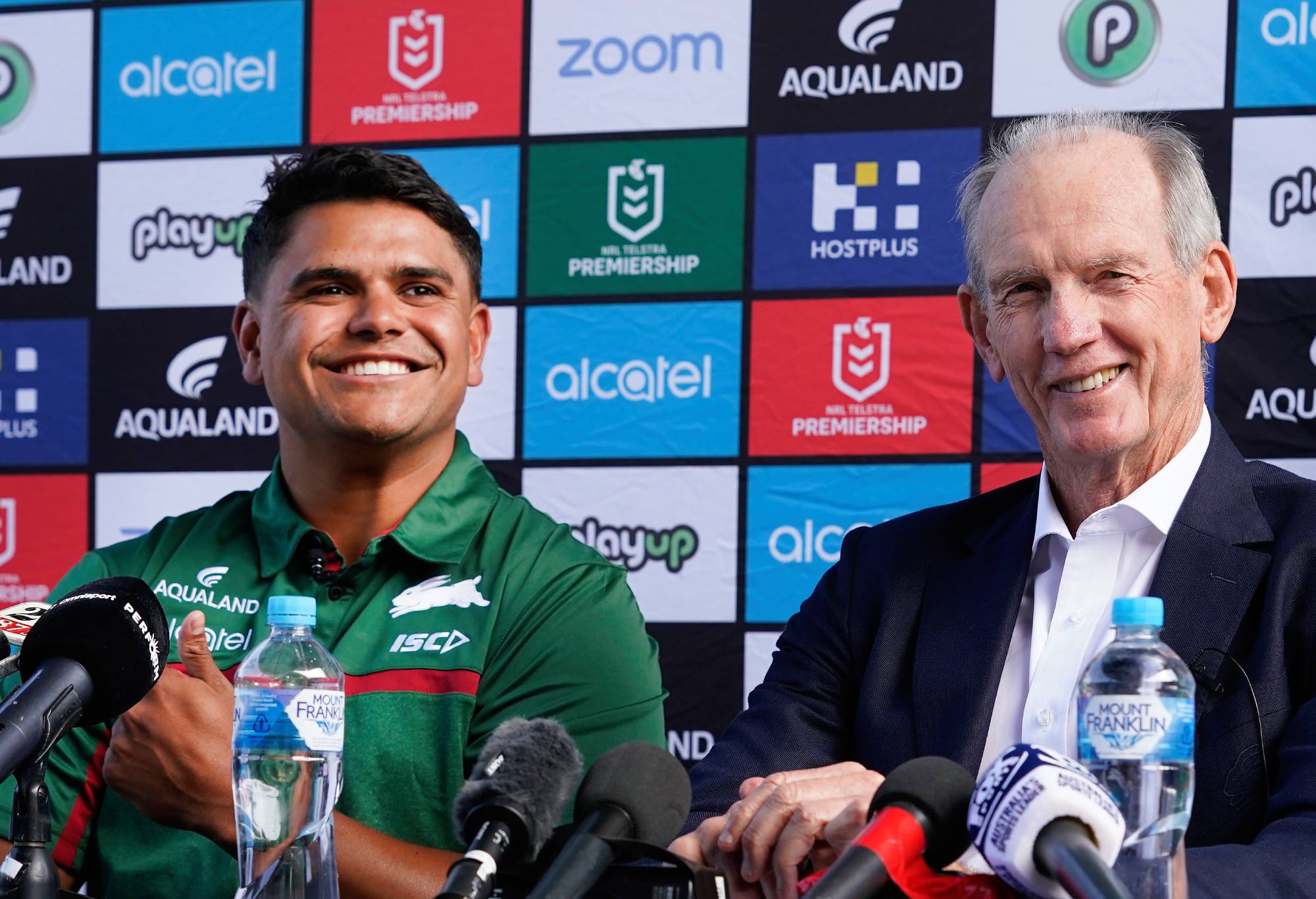 SYDNEY, AUSTRALIA - JANUARY 13: Latrell Mitchell speaks to the media with Souths Head Coach Wayne Bennett during a South Sydney Rabbitohs NRL press conference at Redfern Oval on January 13, 2020 in Sydney, Australia. (Photo by Mark Evans/Getty Images)