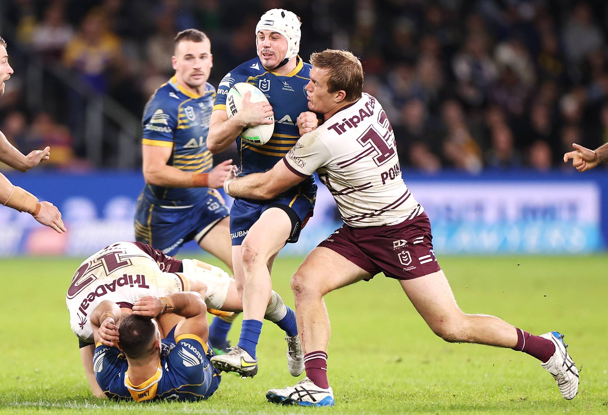 SYDNEY, AUSTRALIA - MAY 20: Reed Mahoney of the Eels is tackled by Jake Trbojevic of the Sea Eagles during the round 11 NRL match between the Parramatta Eels and the Manly Sea Eagles at CommBank Stadium, on May 20, 2022, in Sydney, Australia. (Photo by Mark Kolbe/Getty Images)