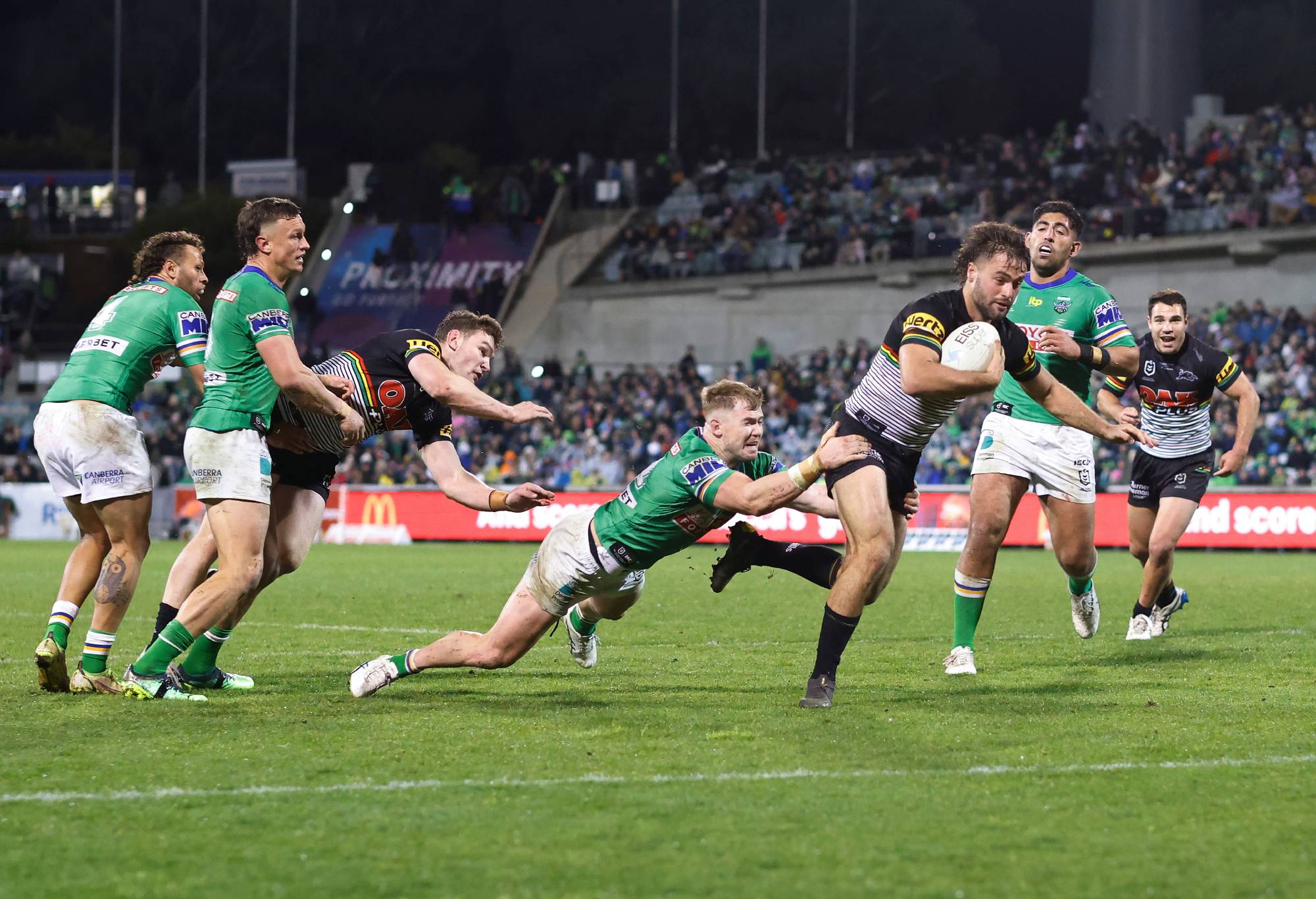 CANBERRA, AUSTRALIA – AUGUST 06: Jaeman Salmon of the Panthers scores a try during the NRL Round 21 match between Canberra Raiders and Penrith Panthers at GIO Stadium on August 06, 2022, in Canberra, Australia.  (Photo by Mark Evans/Getty Images)