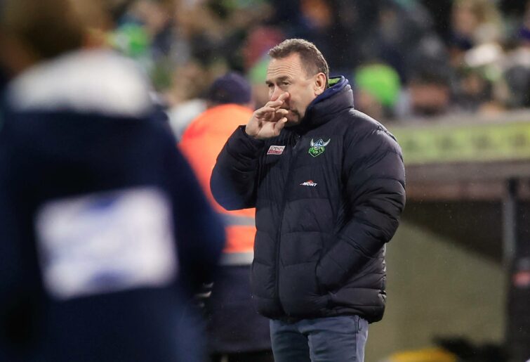 CANBERRA, AUSTRALIA - AUGUST 06: Raiders coach Ricky Stuart looks on during the round 21 NRL match between the Canberra Raiders and the Penrith Panthers at GIO Stadium, on August 06, 2022, in Canberra, Australia. (Photo by Mark Evans/Getty Images)
