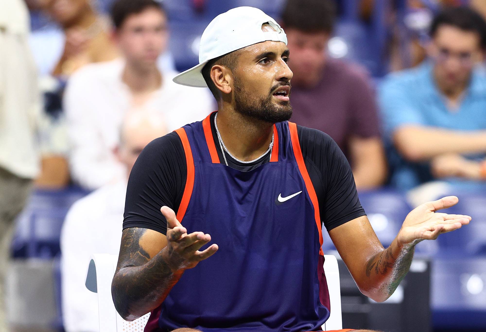 NEW YORK, NEW YORK - AUGUST 29: Nick Kyrgios of Australia reacts after winning the first set against Thanasi Kokkinakis of Australia during the Men's Singles First Round on Day One of the 2022 US Open at USTA Billie Jean King National Tennis Center on August 29, 2022 in the Flushing neighborhood of the Queens borough of New York City. (Photo by Elsa/Getty Images)