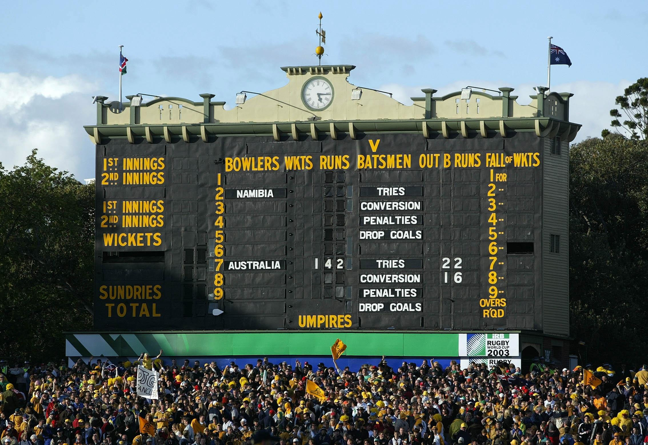 The cricket scoreboard at the Adelaide Oval shows the final score of Australia's 142-0 victory over Namibia during their Rugby World Cup Pool A match.   NO MOBILE PHONE USE. INTERNET SITES MAY ONLY USE ONE IMAGE EVERY FIVE MINUTES DURING THE MATCH   (Photo by David Davies - PA Images/PA Images via Getty Images)