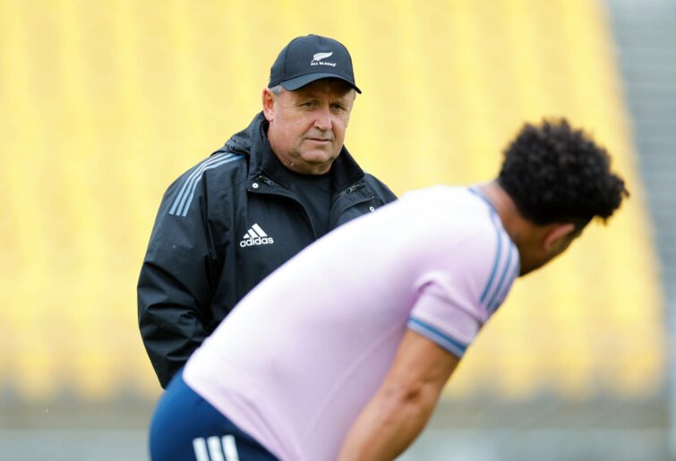 Coach Ian Foster looks on during a New Zealand All Blacks Training Session at Sky Stadium on July 26, 2022 in Wellington, New Zealand. (Photo by Hagen Hopkins/Getty Images)