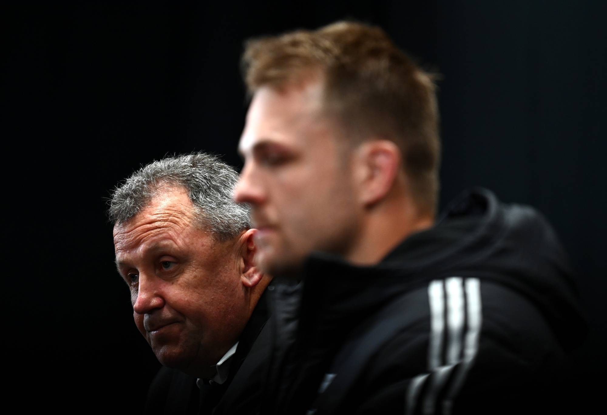 Head coach Ian Foster of the All Blacks and Sam Cane of the All Blacks speak to the media after losing The Rugby Championship match between the New Zealand All Blacks and Argentina Pumas at Orangetheory Stadium on August 27, 2022 in Christchurch, New Zealand. (Photo by Hannah Peters/Getty Images)