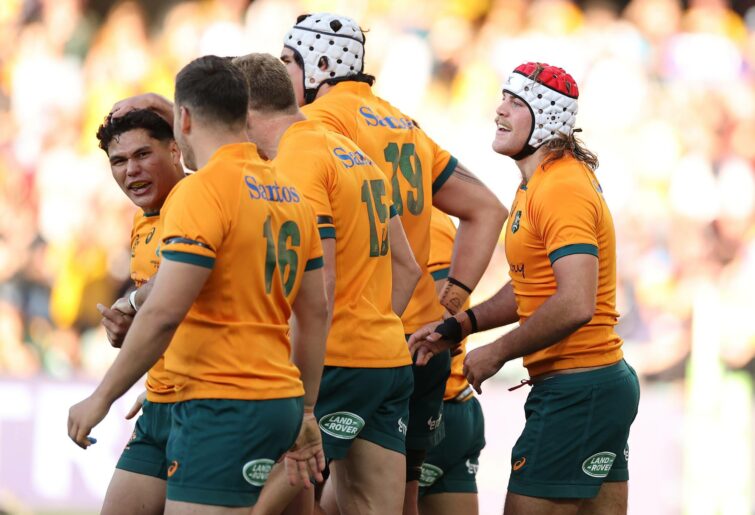 Noah Lolesio of the Wallabies celebrates with try-scorer Fraser McReight uring The Rugby Championship match between the Australian Wallabies and the South African Springboks at Adelaide Oval on August 27, 2022 in Adelaide, Australia. (Photo by Cameron Spencer/Getty Images)