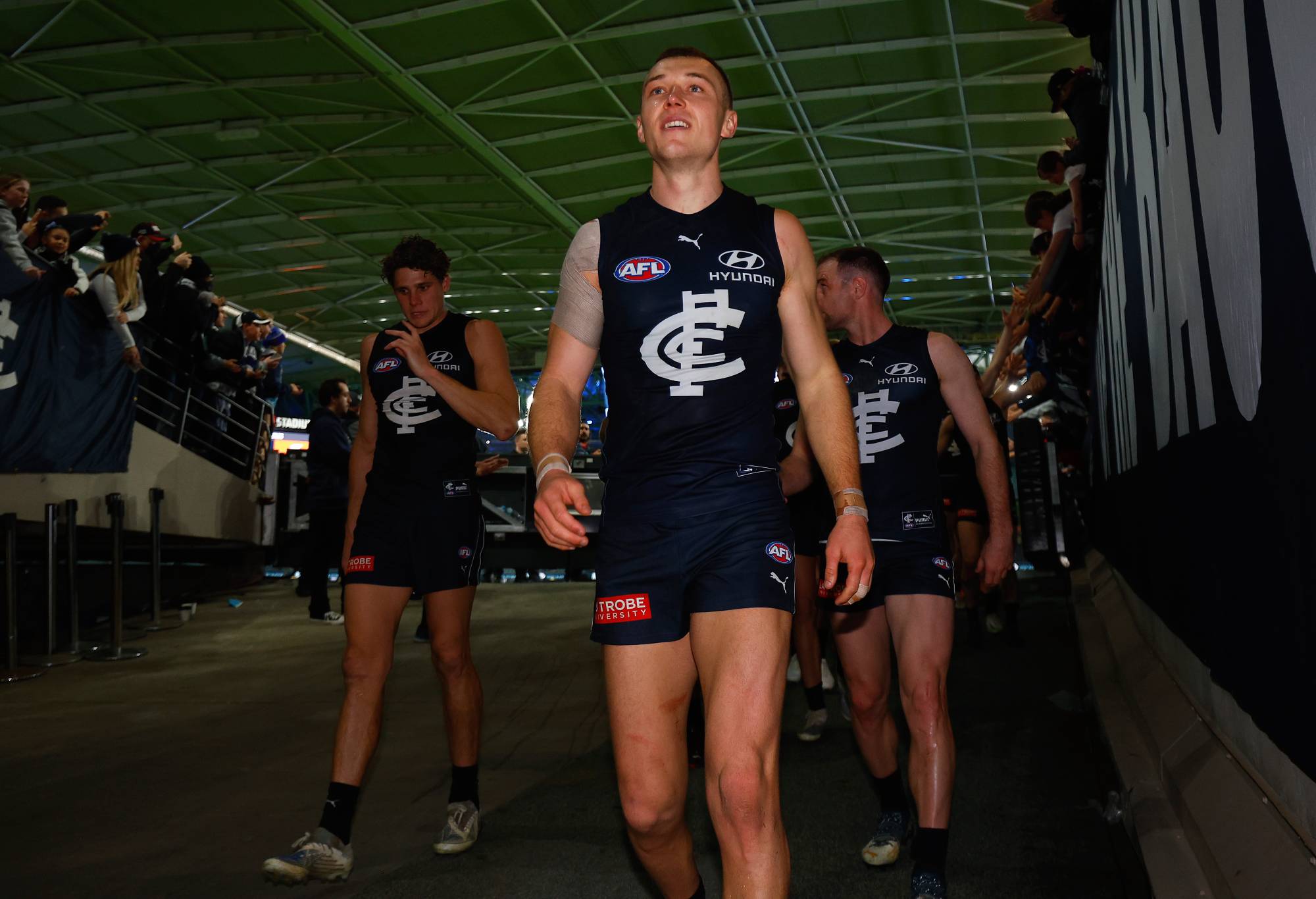Patrick Cripps of the Blues leads the Blues off the field after winning the round 19 AFL match between the Carlton Blues and the Greater Western Sydney Giants at Marvel Stadium on July 24, 2022 in Melbourne, Australia. (Photo by Daniel Pockett/Getty Images)