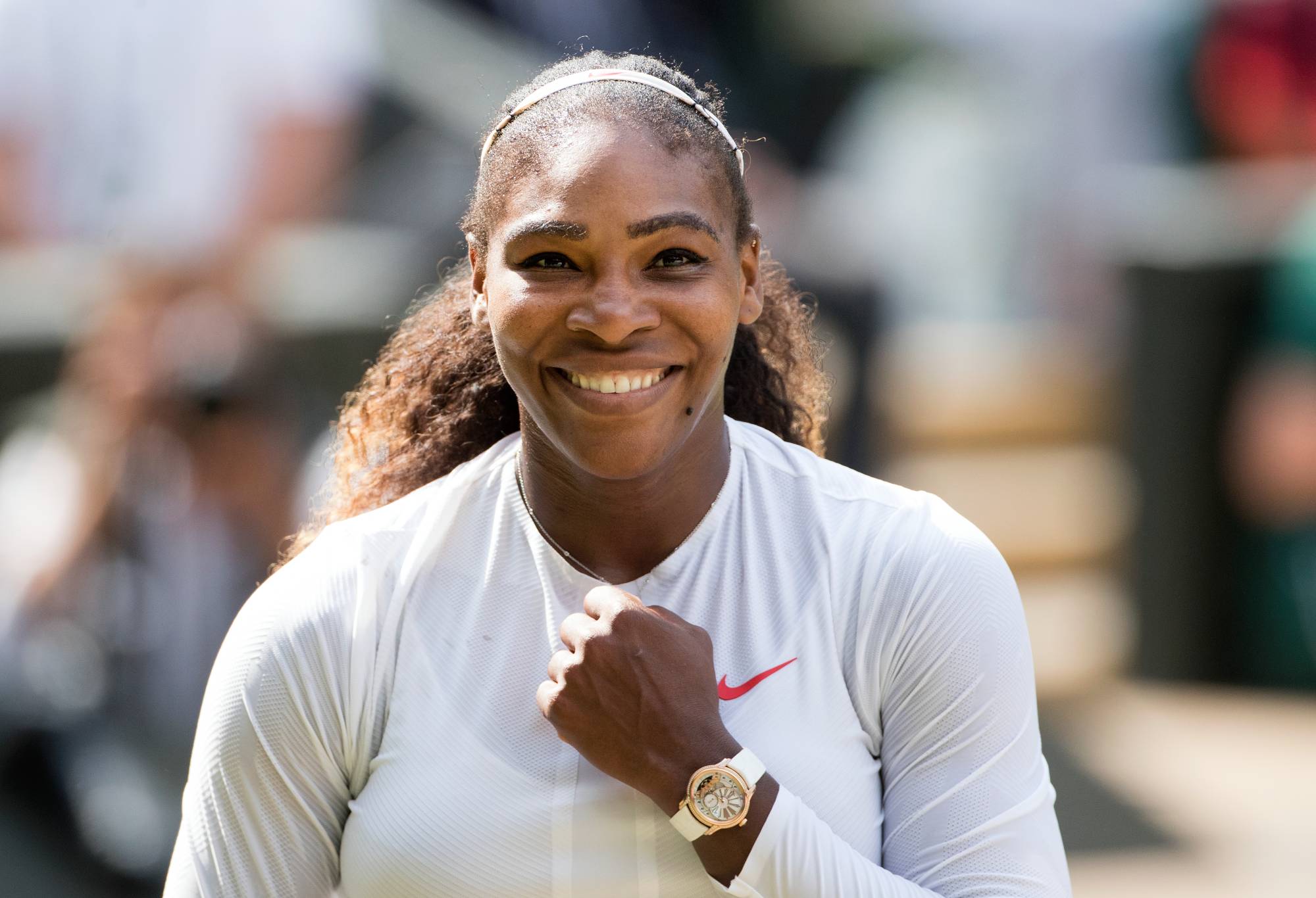 JULY 12: Serena Williams of the United States celebrates her win against Julia Goerges of Germany in the Ladies' Singles Semi-finals on Center Court during the Wimbledon Lawn Tennis Championships at the All England Lawn Tennis and Croquet Club at Wimbledon on July 12, 2018 in London, England. (Photo by Tim Clayton/Corbis via Getty Images