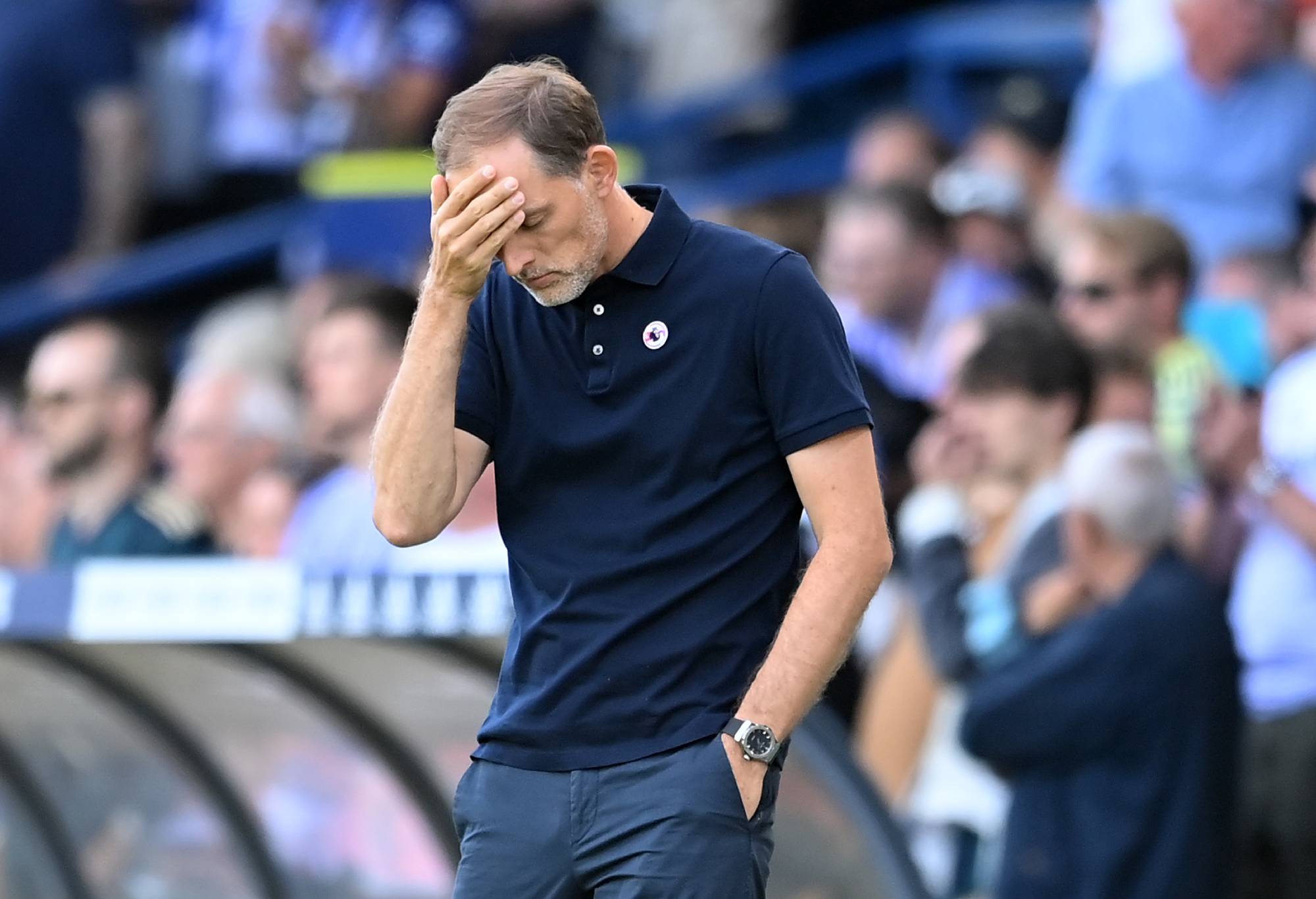 Thomas Tuchel, Manager of Chelsea reacts after Rodrigo Moreno of Leeds United scores their team's second goal during the Premier League match between Leeds United and Chelsea FC at Elland Road on August 21, 2022 in Leeds, England. (Photo by Michael Regan/Getty Images)