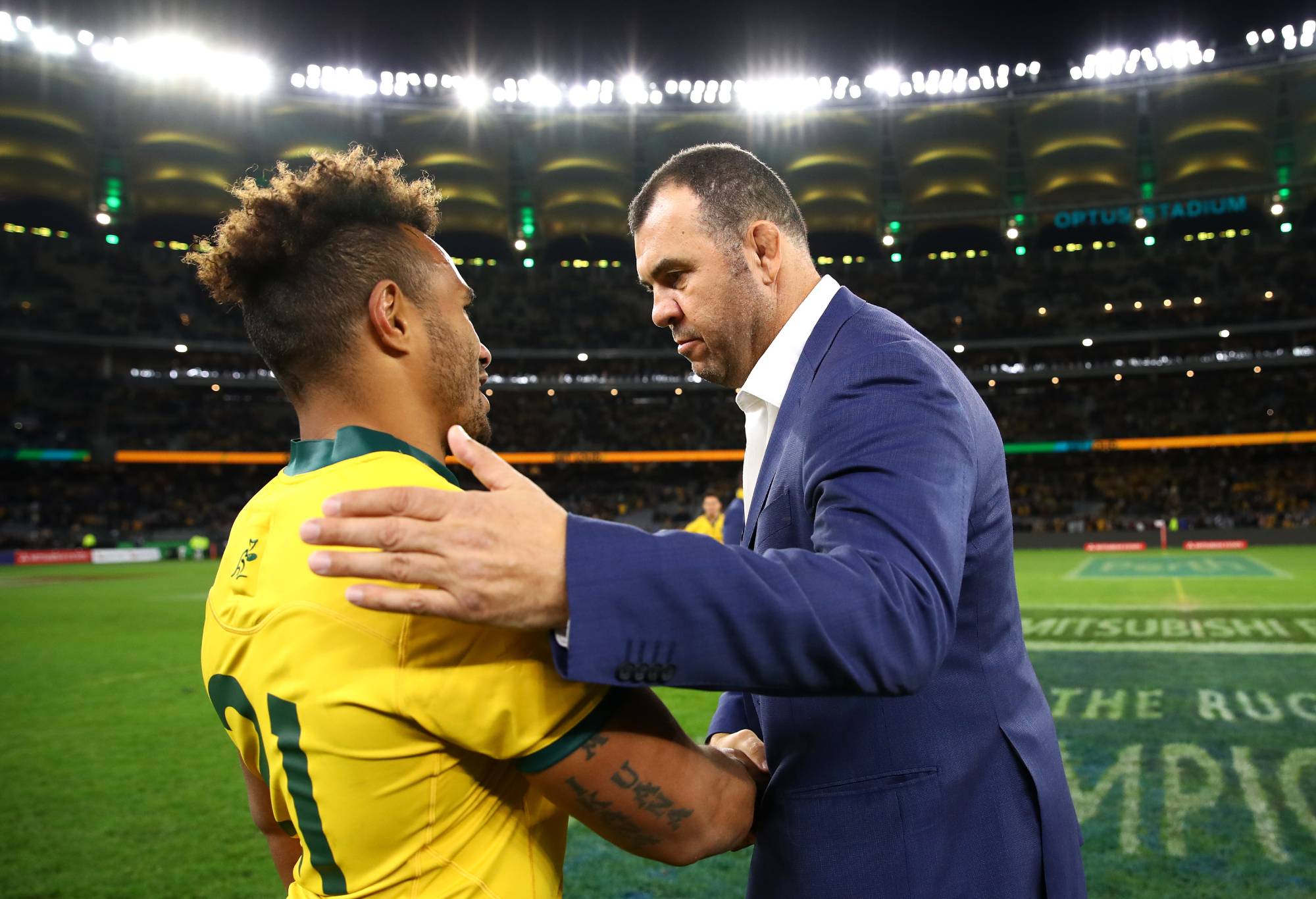 Wallabies coach Michael Cheika congratulates Will Genia of the Wallabies after winning the 2019 Rugby Championship Test Match between the Australian Wallabies and the New Zealand All Blacks at Optus Stadium on August 10, 2019 in Perth, Australia. (Photo by Cameron Spencer/Getty Images)