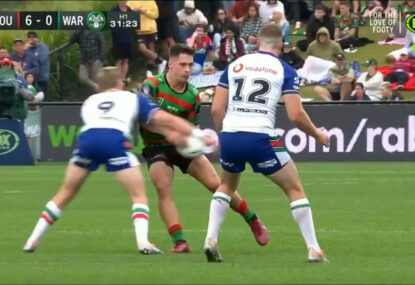 Freddy Lussick tries to lift Warriors with two big hits that stun Rabbitohs ball carriers