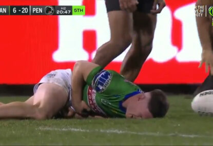 Tom Starling left in pain after copping a high and low blow in the same tackle