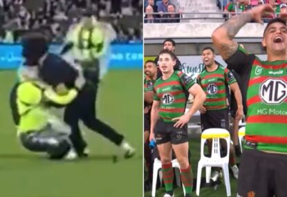 WATCH: Rabbitohs' hilarious reaction to pitch invader getting poleaxed by security