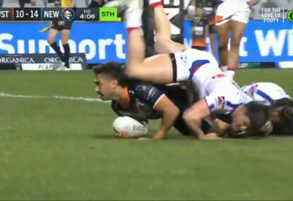 Wests Tigers can't pull off thrilling come-from-behind win after costly knock-on