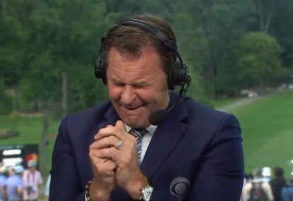 Golf legend Nick Faldo can barely hold it together signing off on his final broadcast