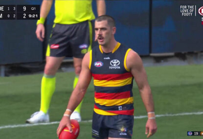Commentators amused as a scoreless Taylor Walker seems to 'bully' a teammate for the ball