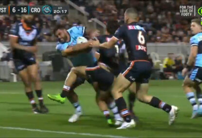 Blocker blasts the Tigers defence after Royce Hunt steamrolls his way over with ease