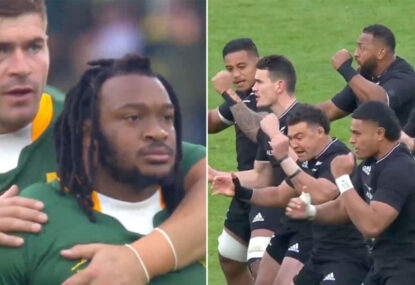 WATCH: Springbok stands his ground after haka finishes to stare down All Blacks