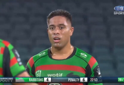 'Don't touch the cake!' Souths' forward can't help but interfere with teammate's try