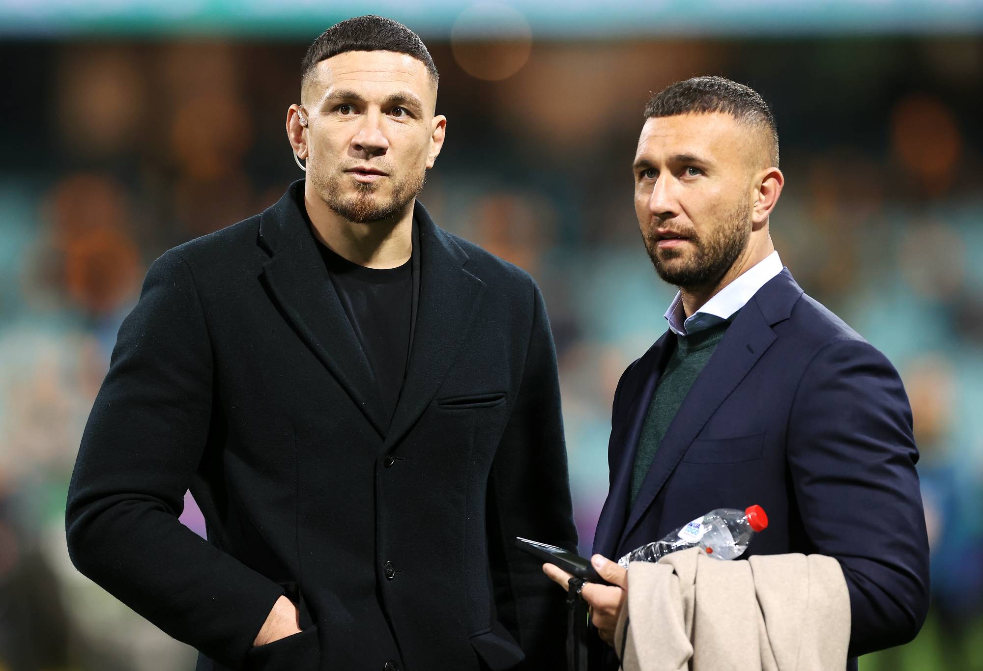 Former All Black Sonny Bill Williams speaks to Quade Cooper of the Wallabies before game three of the International Test match series between the Australia Wallabies and England at the Sydney Cricket Ground on July 16, 2022 in Sydney, Australia. (Photo by Mark Kolbe/Getty Images