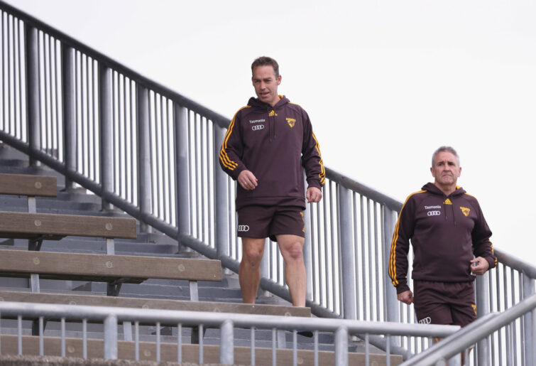 Alastair Clarkson and Chris Fagan at a Hawthorn training session in 2016.