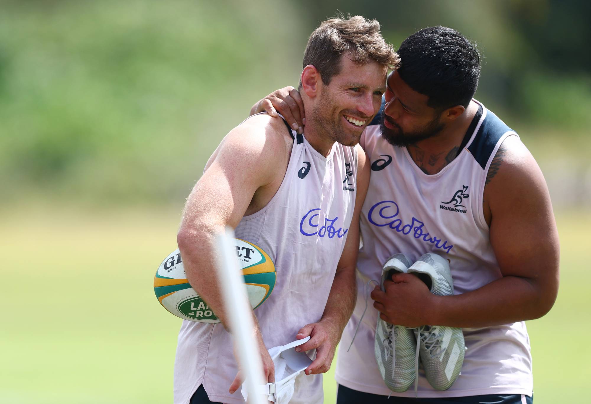 Bernard Foley and Folau Fainga'a during an Australia Wallabies training session at Sanctuary Cove on September 01, 2022 in Gold Coast, Australia. (Photo by Chris Hyde/Getty Images)