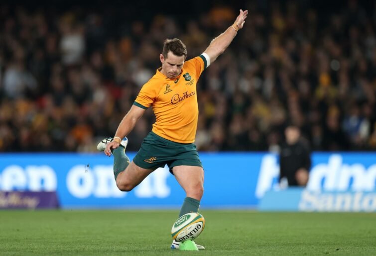 Bernard Foley of the Wallabies kicks the ball during The Rugby Championship & Bledisloe Cup match between the Australia Wallabies and the New Zealand All Blacks at Marvel Stadium on September 15, 2022 in Melbourne, Australia. (Photo by Morgan Hancock/Getty Images)