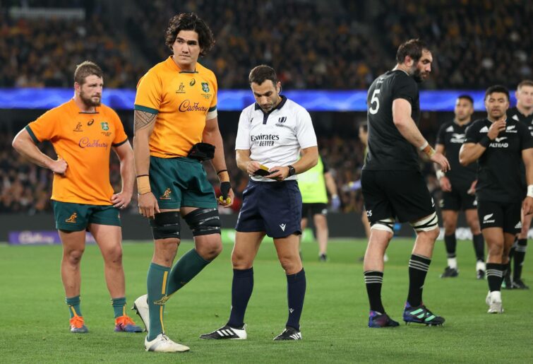 Darcy Swain of the Wallabies leaves the field after receiving a yellow card during The Rugby Championship & Bledisloe Cup match between the Australia Wallabies and the New Zealand All Blacks at Marvel Stadium on September 15, 2022 in Melbourne, Australia. (Photo by Cameron Spencer/Getty Images)