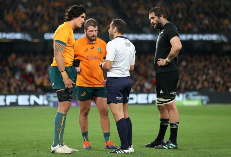 Darcy Swain of the Wallabies is spoken to by referee Mathieu Raynal during The Rugby Championship & Bledisloe Cup match between the Australia Wallabies and the New Zealand All Blacks at Marvel Stadium on September 15, 2022 in Melbourne, Australia. (Photo by Cameron Spencer/Getty Images)