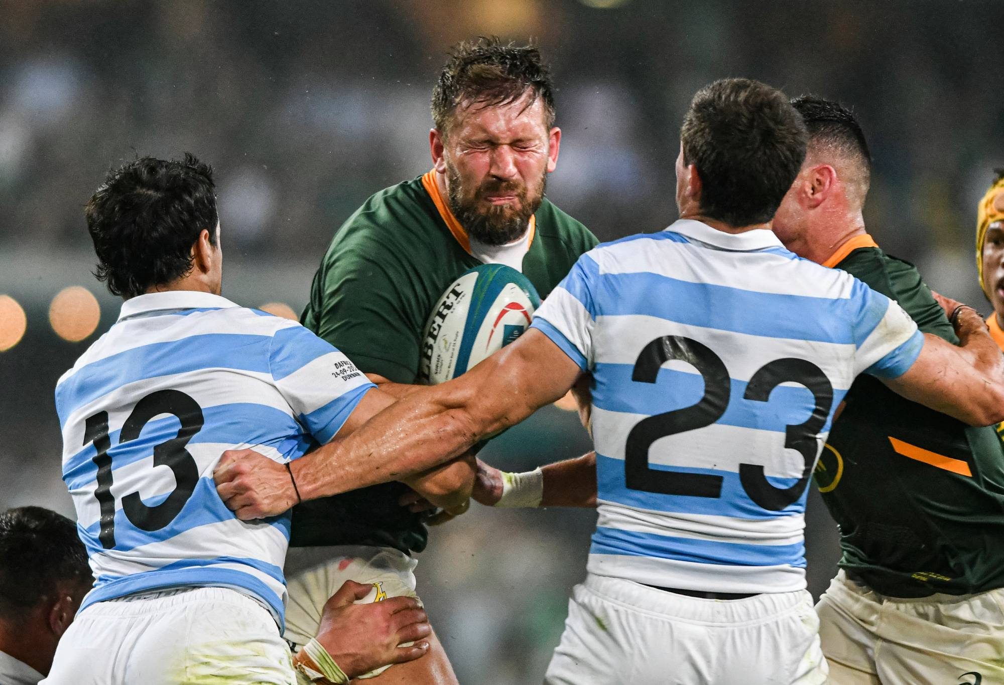 Frans Steyn of South Africa is tackled during The Rugby Championship match between South Africa and Argentina at Hollywoodbets Kings Park on September 24, 2022 in Durban, South Africa. (Photo by Darren Stewart/Gallo Images/Getty Images)