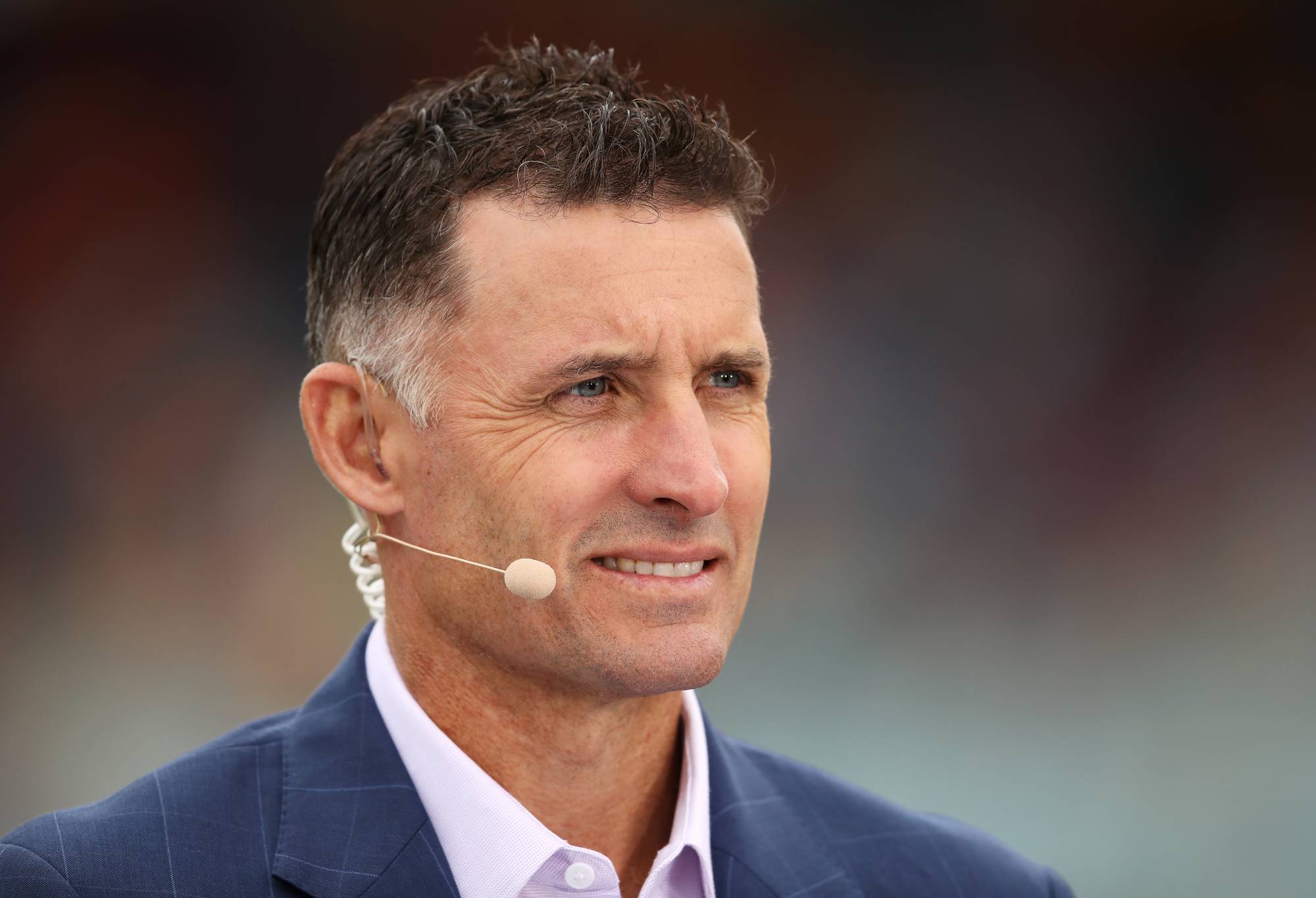 CANBERRA, AUSTRALIA - FEBRUARY 01: Fox Cricket commentator Michael Hussey watches on as he presents in the pre-match before play on day one of the Second Test match between Australia and Sri Lanka at Manuka Oval on February 01, 2019 in Canberra, Australia. (Photo by Mark Kolbe/Getty Images)