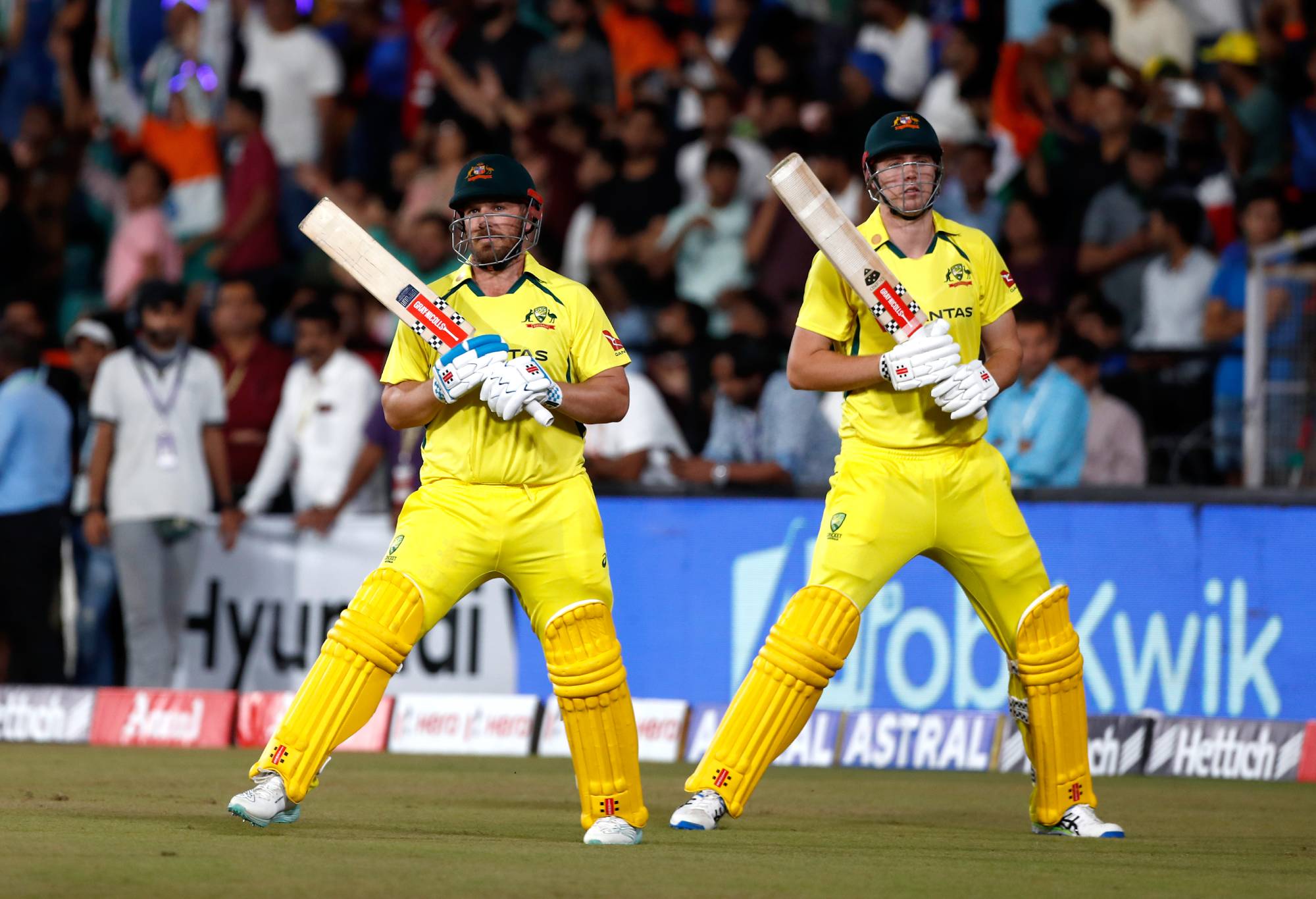 NAGPUR, INDIA - SEPTEMBER 23: Aaron Finch and Cameron Green of Australia arrive on the ground for the start of game two of the T20 International series between India and Australia at Vidarbha Cricket Association Stadium on September 23, 2022 in Nagpur, India. (Photo by Pankaj Nangia/Getty Images)