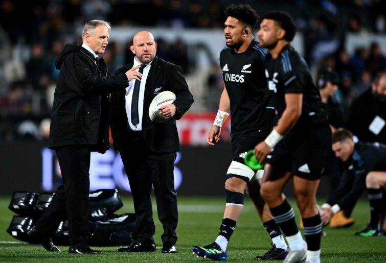 Assistant coach Joe Schmidt and forwards coach Jason Ryan of the All Blacks look on ahead of The Rugby Championship match between the New Zealand All Blacks and Argentina Pumas at Orangetheory Stadium on August 27, 2022 in Christchurch, New Zealand. (Photo by Hannah Peters/Getty Images)