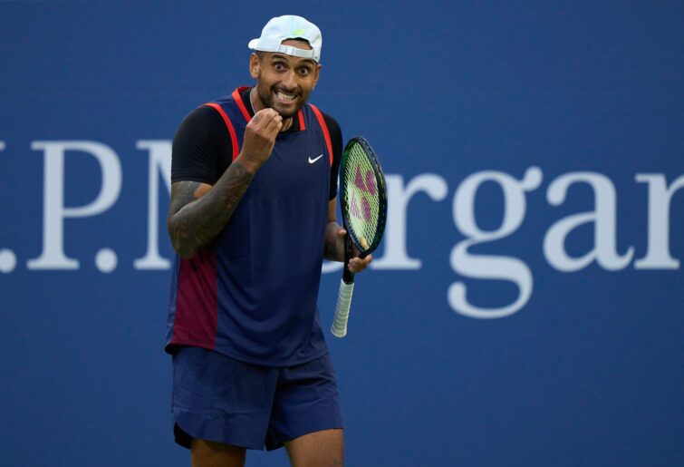 NEW YORK, NEW YORK - AUGUST 31: Nick Kyrgios of Australia reacts against Benjamin Bonzi of France in their Men's Singles Second Round match on Day Three of the 2022 US Open at USTA Billie Jean King National Tennis Center on August 31, 2022 in the Flushing neighborhood of the Queens borough of New York City. (Photo by Diego Souto/Quality Sport Images/Getty Images)