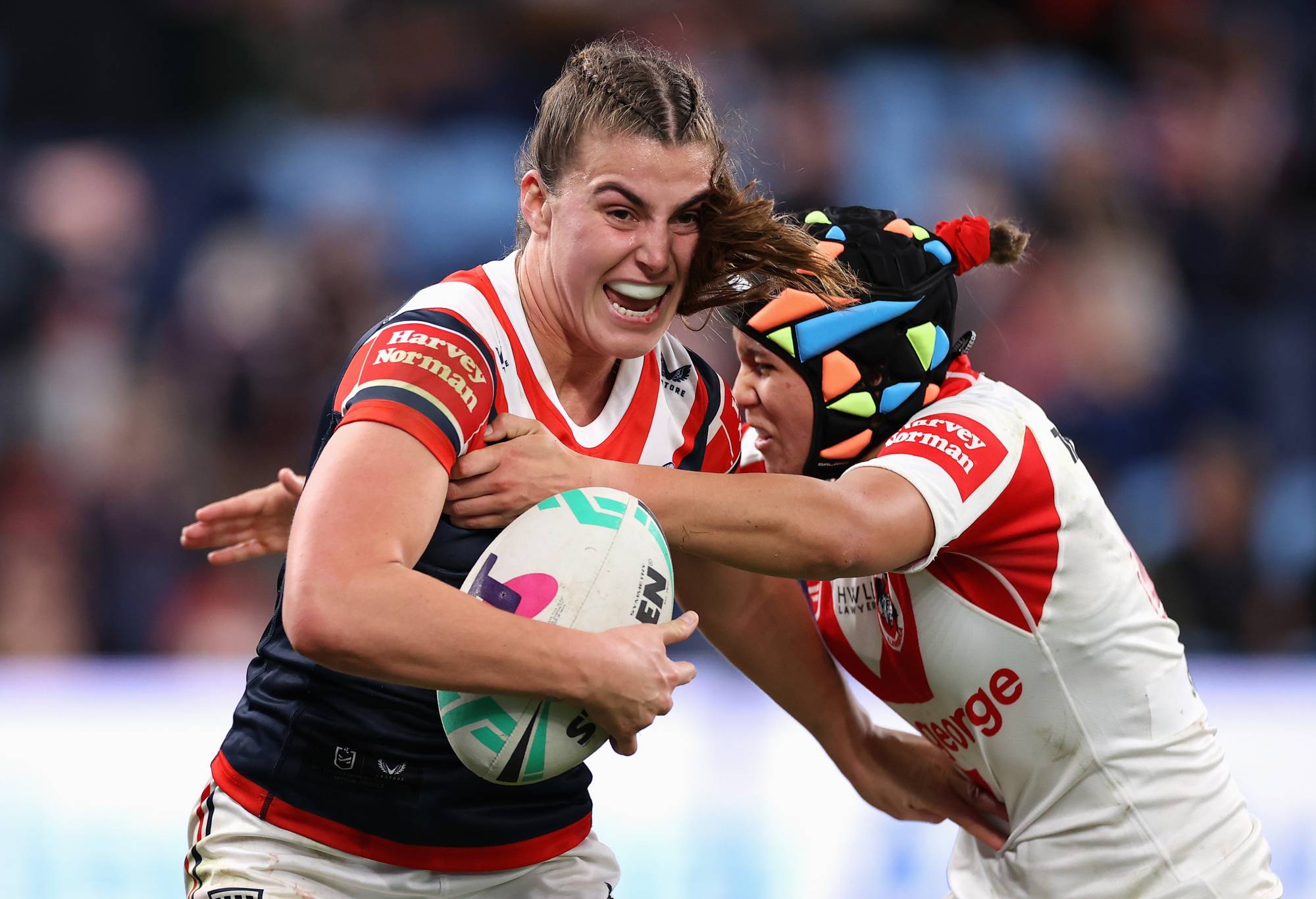 SYDNEY, AUSTRALIA - SEPTEMBER 02: Jessica Sergis of the Roosters is tackled during the round three NRLW match between Sydney Roosters and St George Illawarra Dragons at Allianz Stadium, on September 02, 2022, in Sydney, Australia. (Photo by Cameron Spencer/Getty Images)