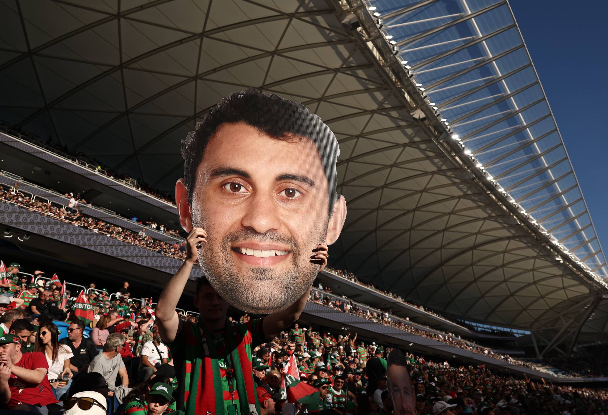 SYDNEY, AUSTRALIA - SEPTEMBER 11: A fan shows their support for Alex Johnston of the Rabbitohs ahead of the NRL Elimination Final match between the Sydney Roosters and the South Sydney Rabbitohs at Allianz Stadium on September 11, 2022 in Sydney, Australia. (Photo by Matt King/Getty Images)