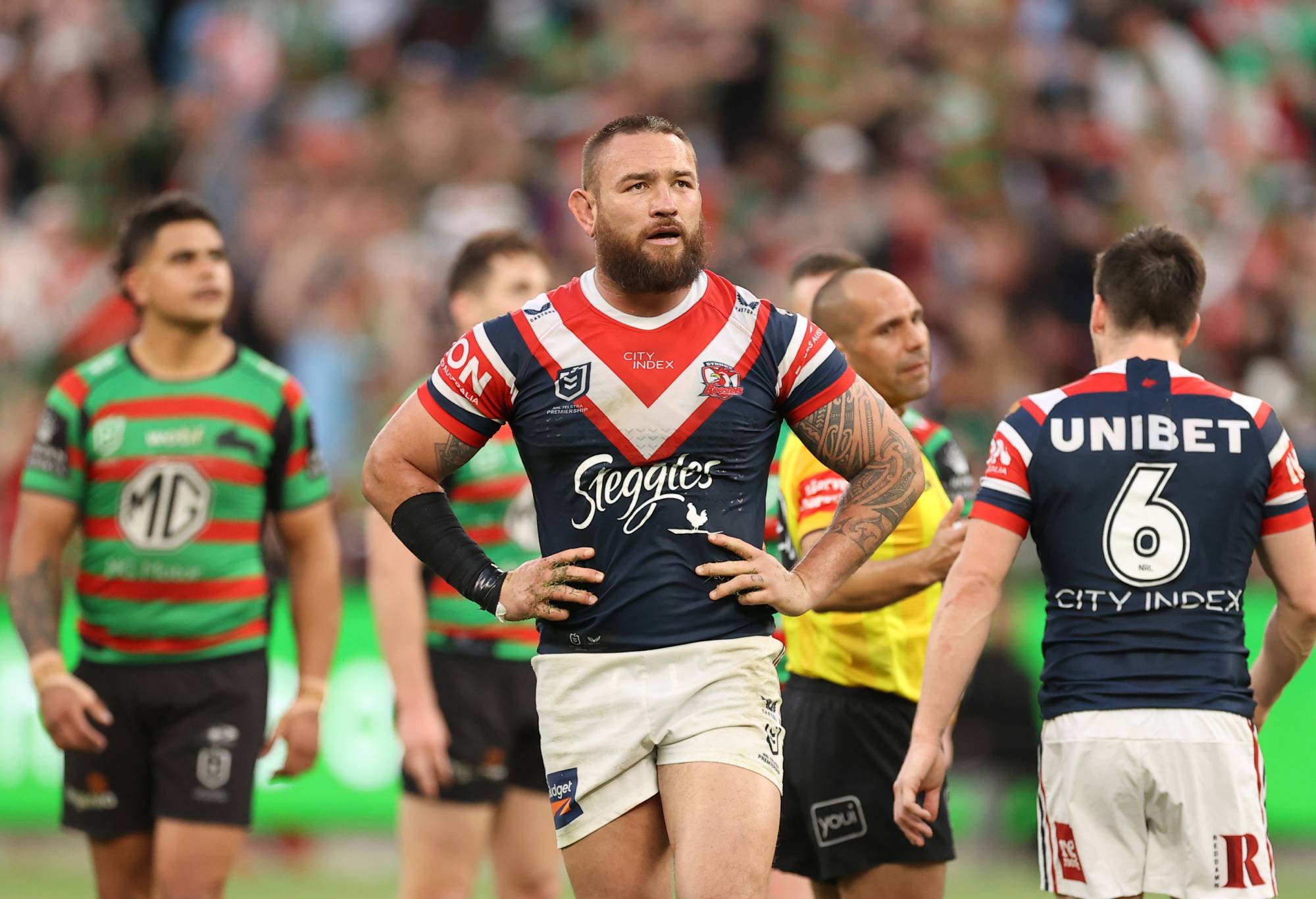 SYDNEY, AUSTRALIA - SEPTEMBER 11: Jared Waerea-Hargreaves of the Roosters reacts after been sent to the sin bin by referee Ashley Klein during the NRL Elimination Final match between the Sydney Roosters and the South Sydney Rabbitohs at Allianz Stadium on September 11, 2022 in Sydney, Australia. (Photo by Mark Kolbe/Getty Images)