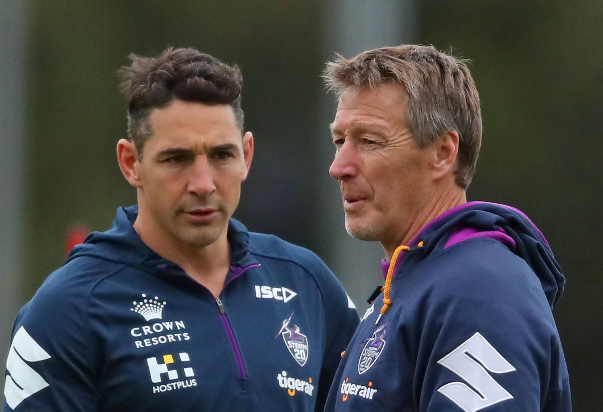 MELBOURNE, AUSTRALIA - MAY 16: Billy Slater of the Melbourne Storm and Storm coach Craig Bellamy talk during a Melbourne Storm NRL media session at Gosch's Paddock on May 16, 2018 in Melbourne, Australia. (Photo by Scott Barbour/Getty Images)