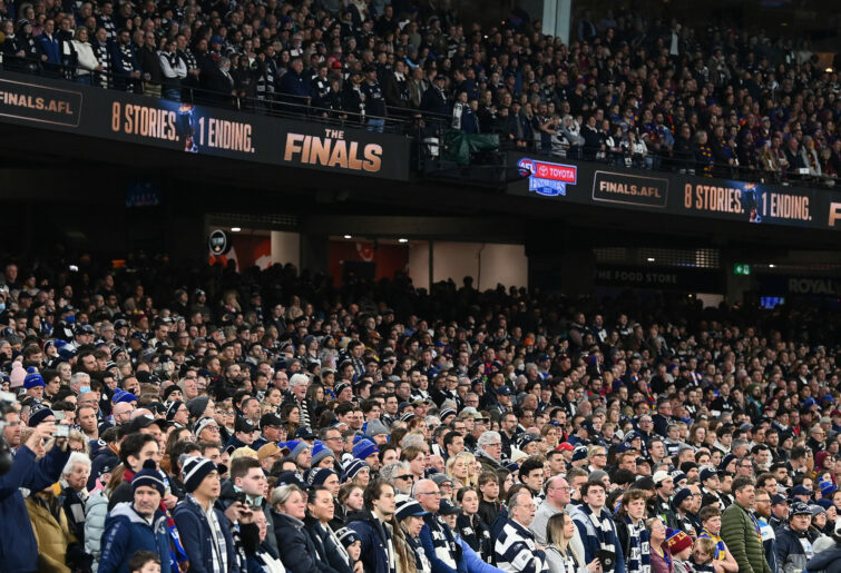Fans look on during the 2022 preliminary final between Geelong and Brisbane.