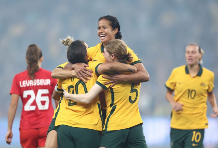 Mary Fowler of the Matildas celebrates scoring a goal with teammates during the International Friendly Match between the Australia Matildas and Canada at Allianz Stadium on September 06, 2022 in Sydney, Australia. (Photo by Mark Metcalfe/Getty Images)