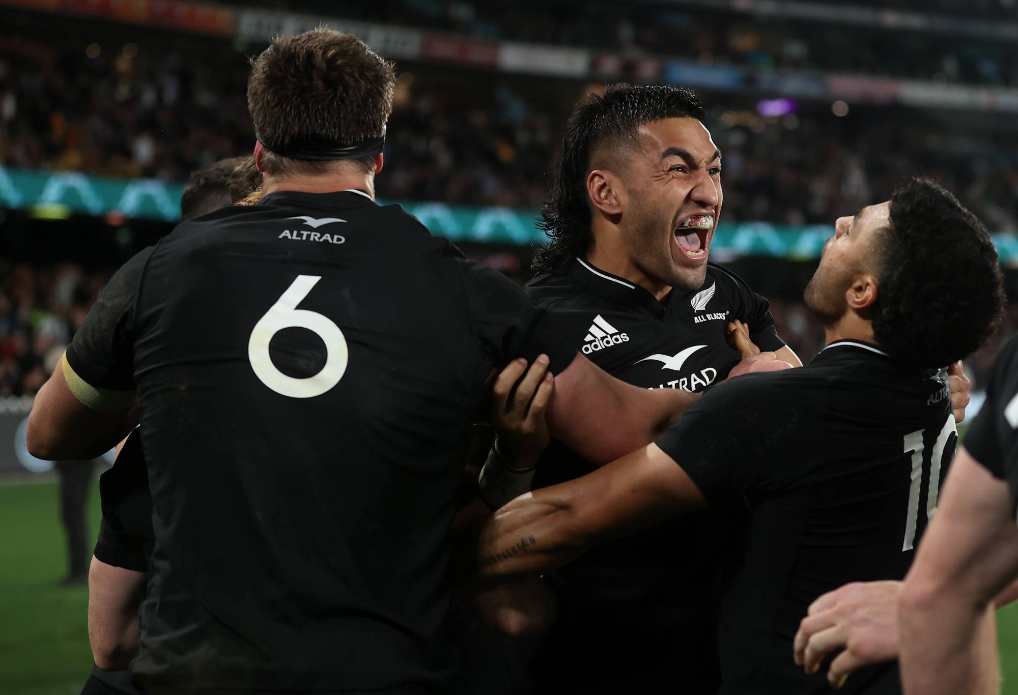 Rieko Ioane of the All Blacks celebrates victory during The Rugby Championship & Bledisloe Cup match between the Australia Wallabies and the New Zealand All Blacks at Marvel Stadium on September 15, 2022 in Melbourne, Australia. (Photo by Cameron Spencer/Getty Images)